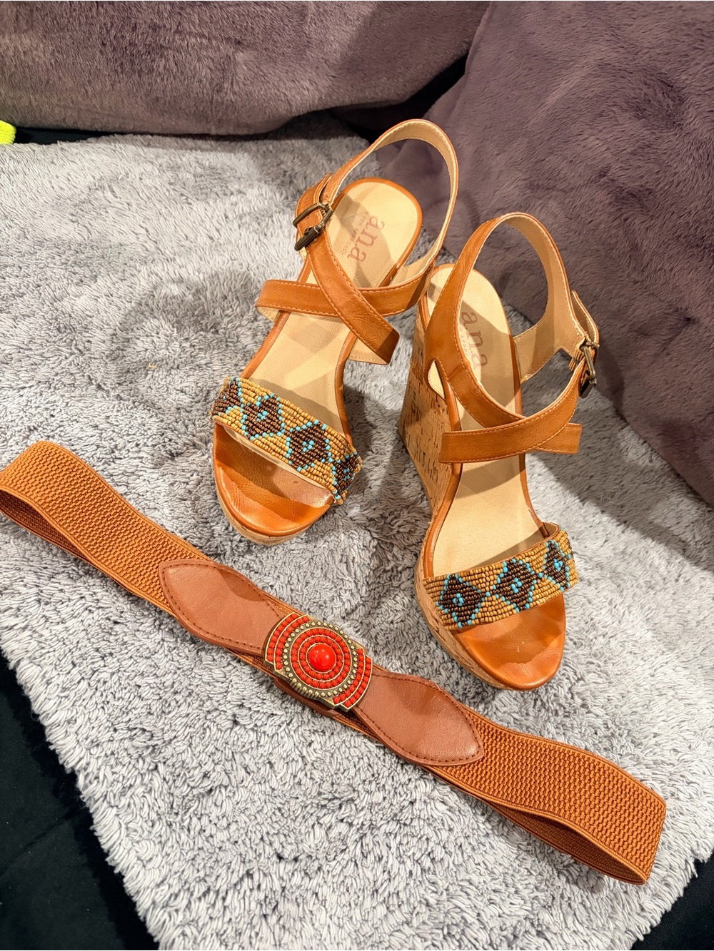 a.n.a Ana Max Tan Beaded Wedges 6.5 + Bonus Belt